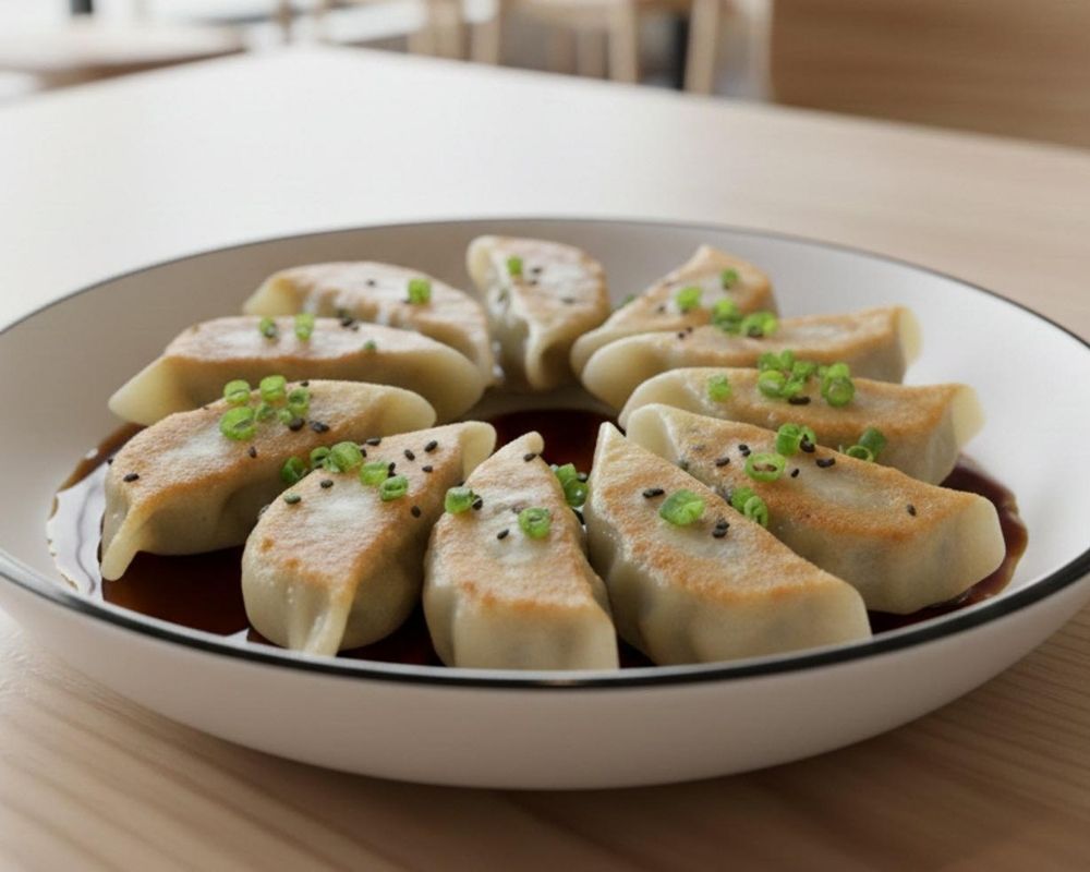 Pan fried dumplings with soy sauce and green onions at AZN Bowls. Bao. Juice Bar, a Health food Restaurant in Duluth