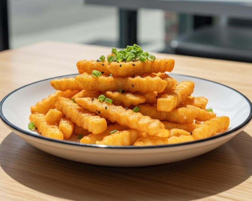 Spicy cajun crinkle fries with green onions at AZN Bowls. Bao. Juice Bar, a Health food Restaurant in Duluth