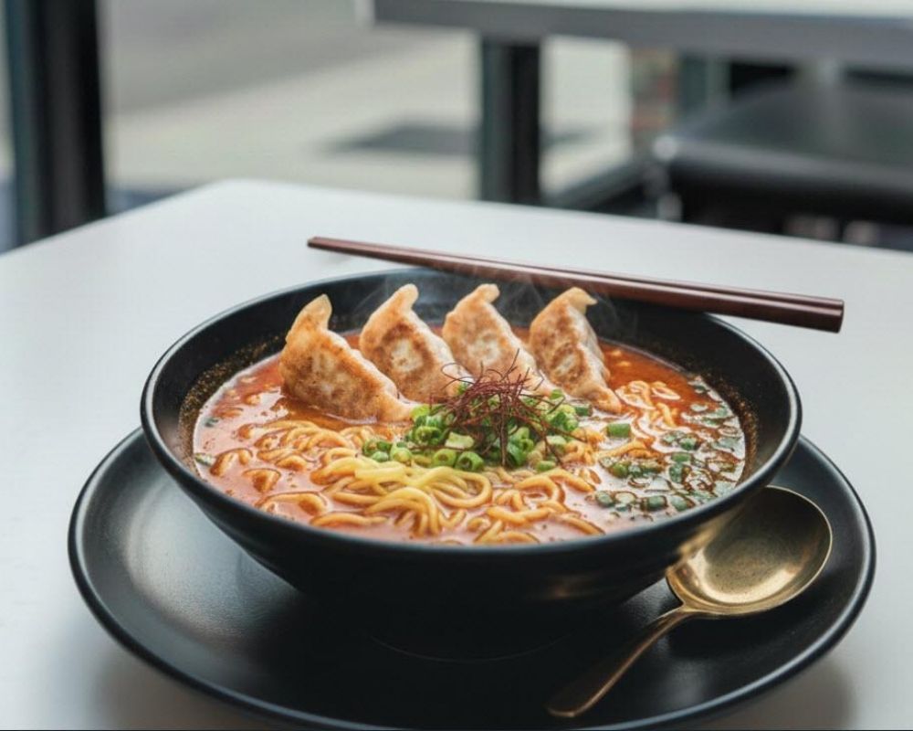 Spicy ramen with crispy dumplings and green onions at AZN Bowls. Bao. Juice Bar, a Health food Restaurant in Duluth