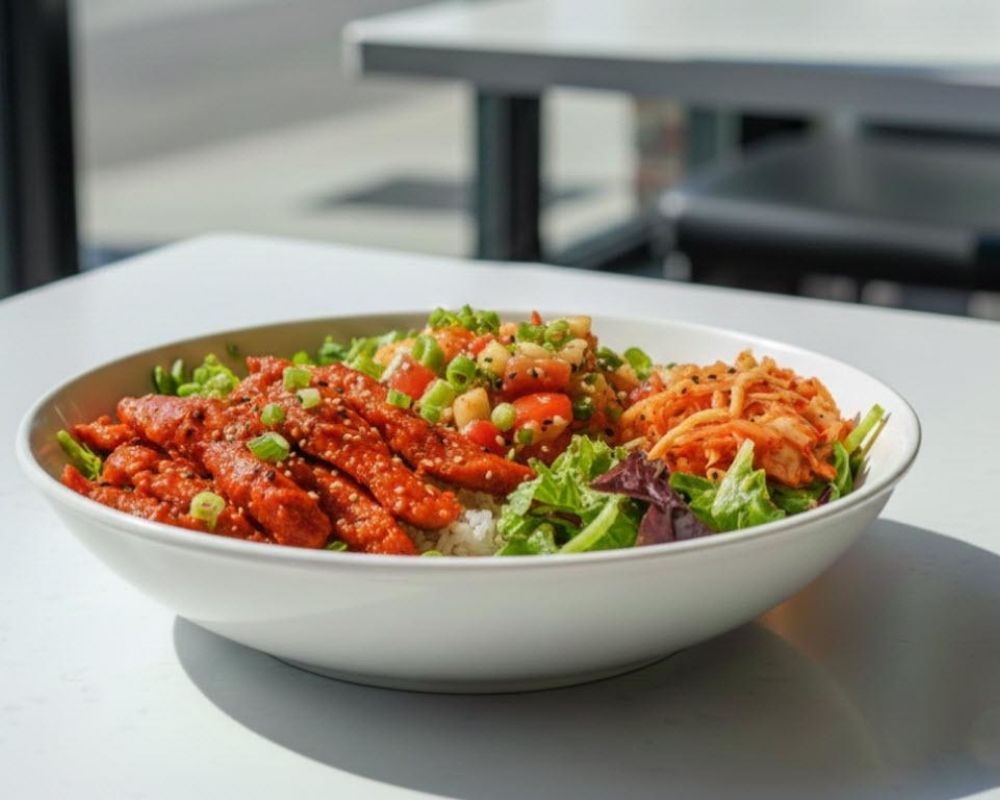 Spicy Korean chicken bowl with kimchi and veggies at AZN Bowls. Bao. Juice Bar, a Health food Restaurant in Duluth