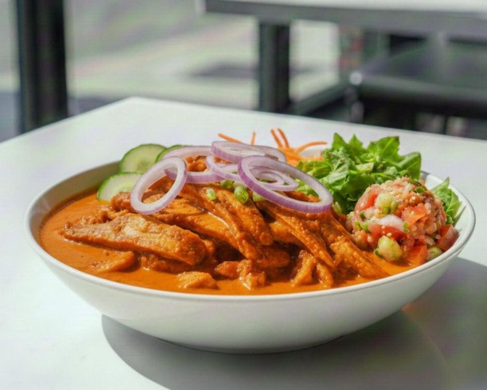 Spicy peanut chicken with veggies and pico de gallo at AZN Bowls. Bao. Juice Bar, a Health food Restaurant in Duluth