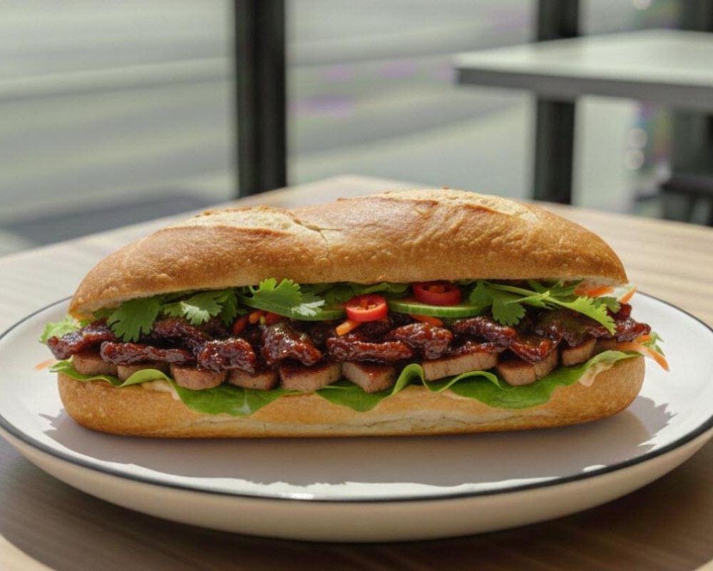Spicy pork banh mi with fresh herbs and veggies at AZN Bowls. Bao. Juice Bar, a Health food Restaurant in Duluth