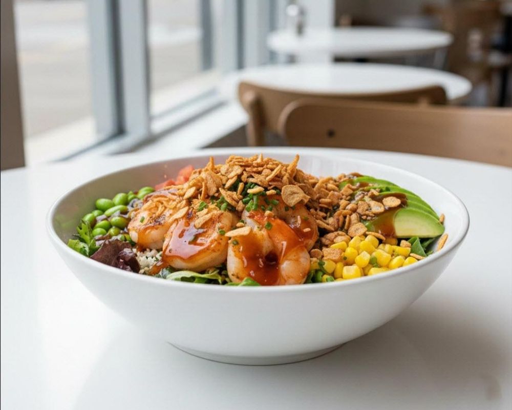 Sweet spicy shrimp bowl with veggies and crispy onions at AZN Bowls. Bao. Juice Bar, a Health food Restaurant in Duluth