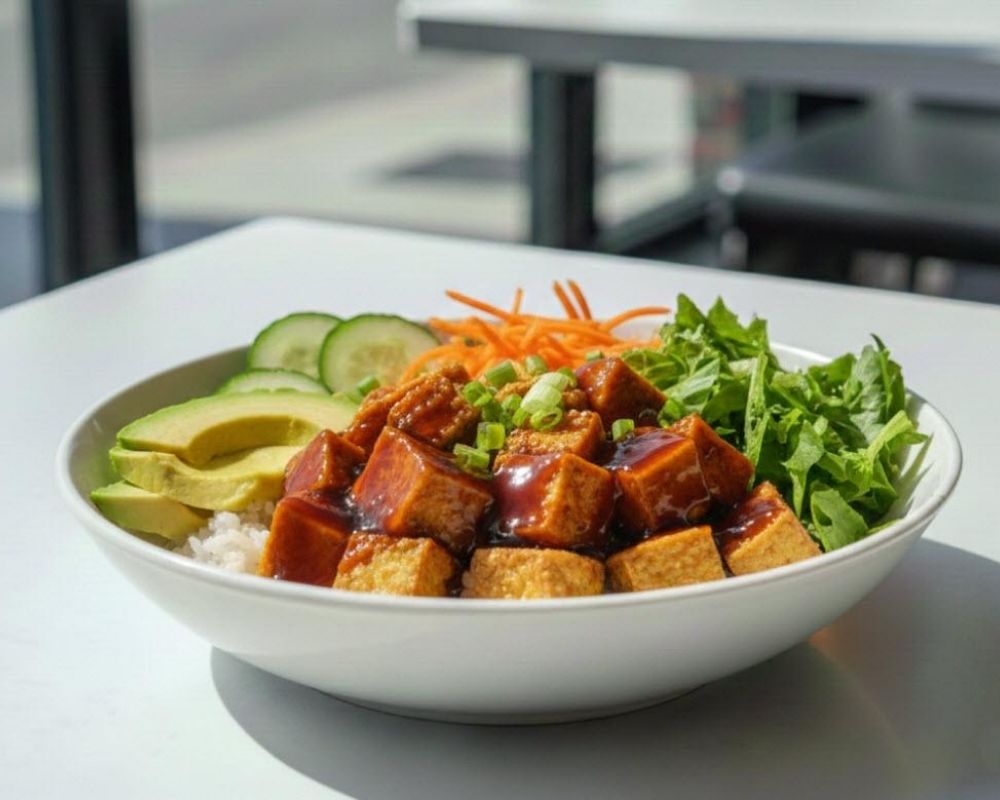 Sweet spicy tofu over rice with avocado and veggies at AZN Bowls. Bao. Juice Bar, a Health food Restaurant in Duluth