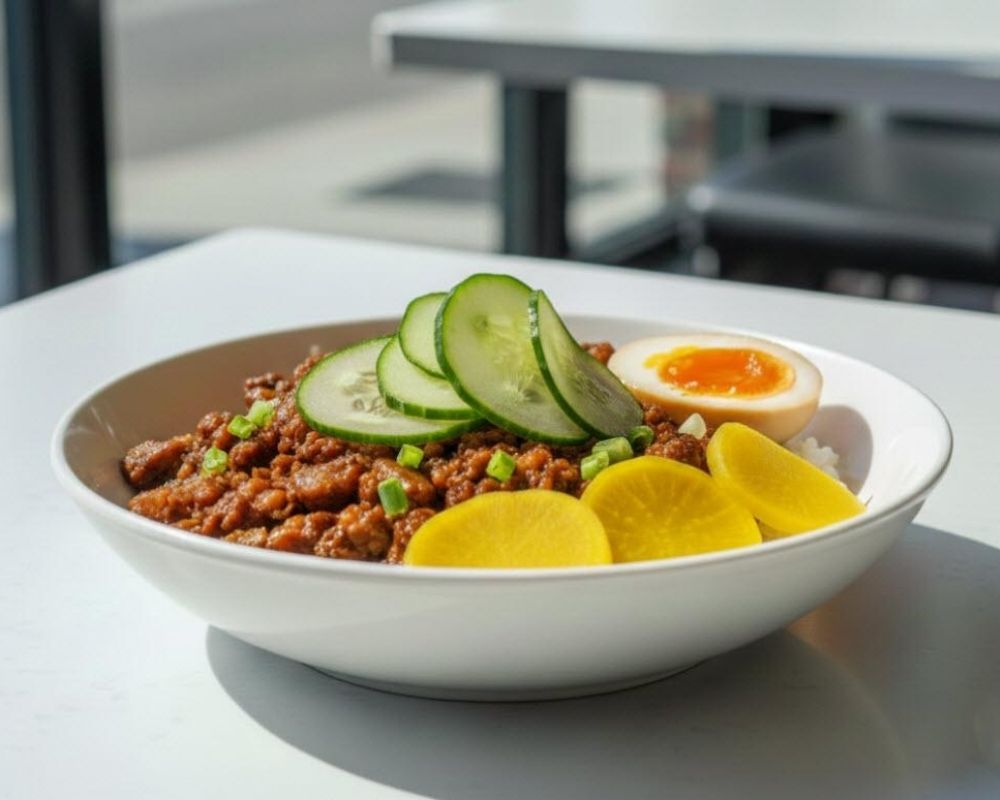Taiwanese mince rice bowl with egg and pickles at AZN Bowls. Bao. Juice Bar, a Health food Restaurant in Duluth