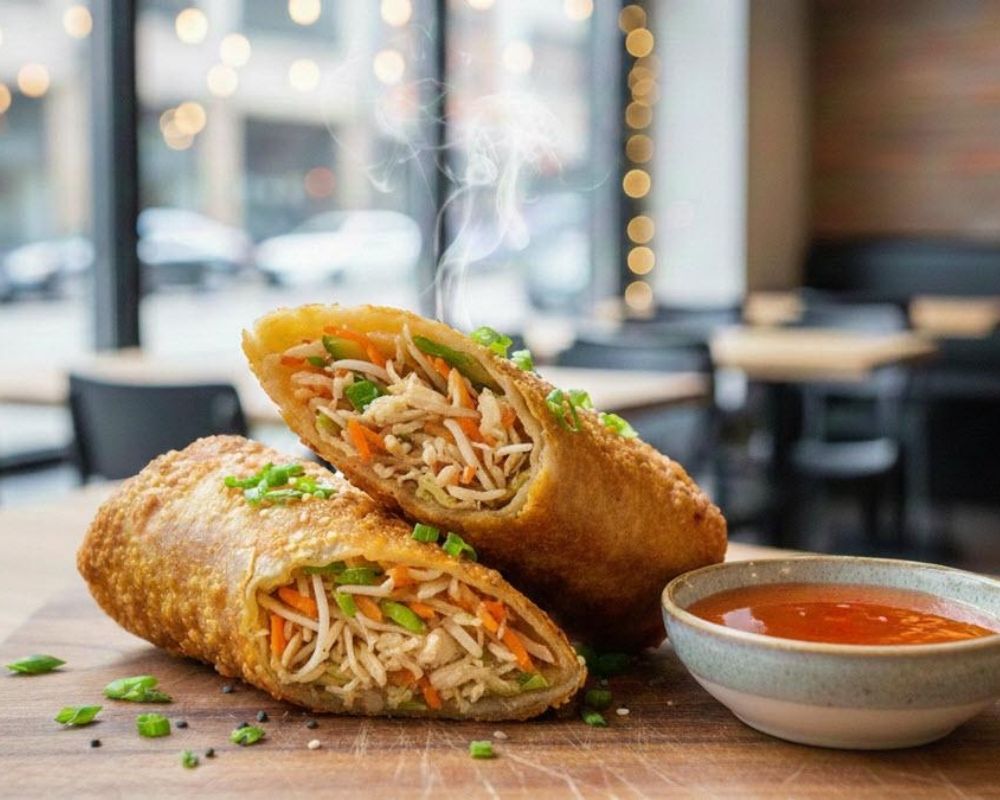 Crispy vegetable egg rolls with sweet chili sauce at AZN Bowls. Bao. Juice Bar, a Health food Restaurant in Duluth