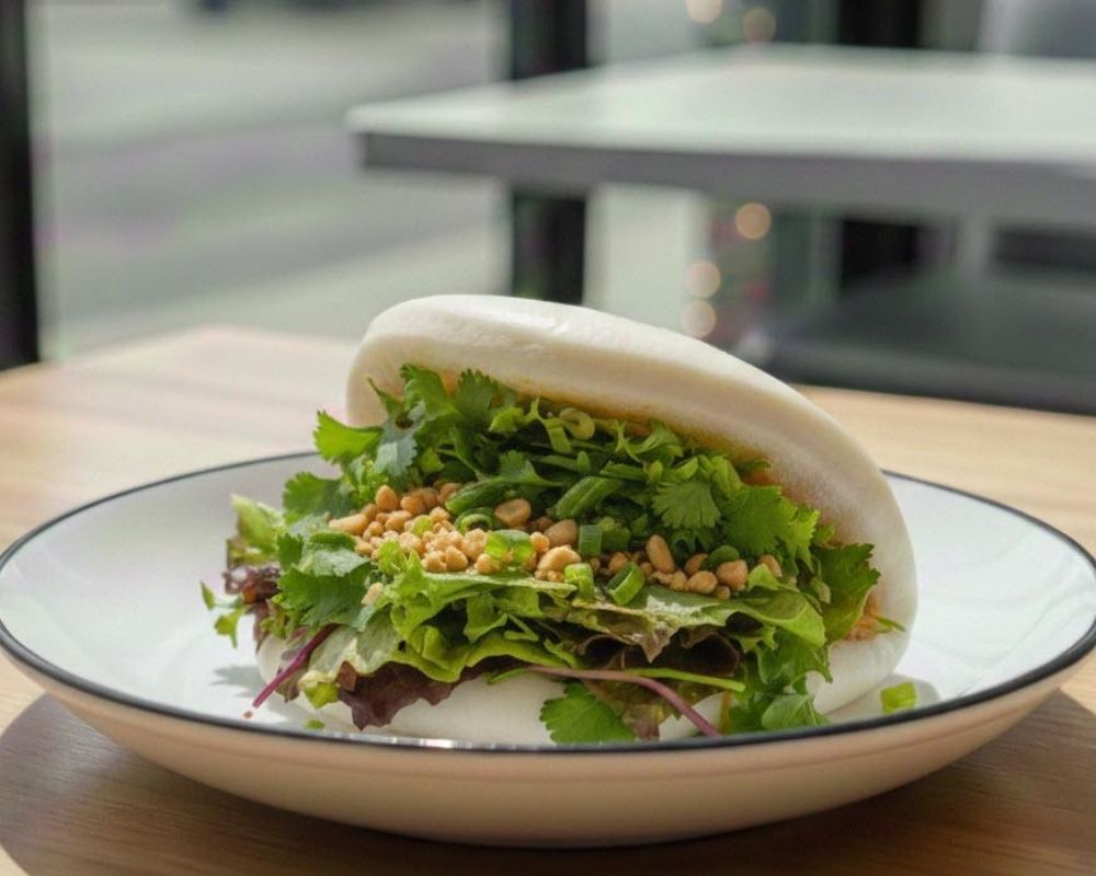 Crispy veggie bao bun with peanuts and cilantro at AZN Bowls. Bao. Juice Bar, a Health food Restaurant in Duluth