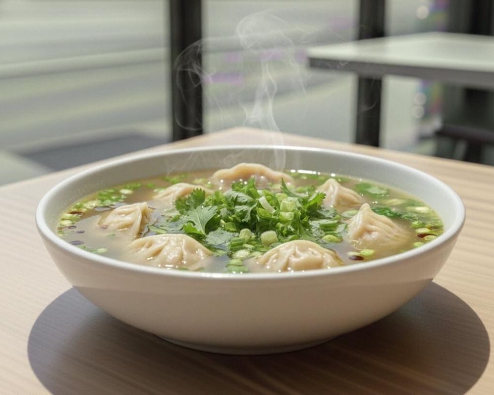 Steaming wonton soup with cilantro and green onions at AZN Bowls. Bao. Juice Bar, a Health food Restaurant in Duluth