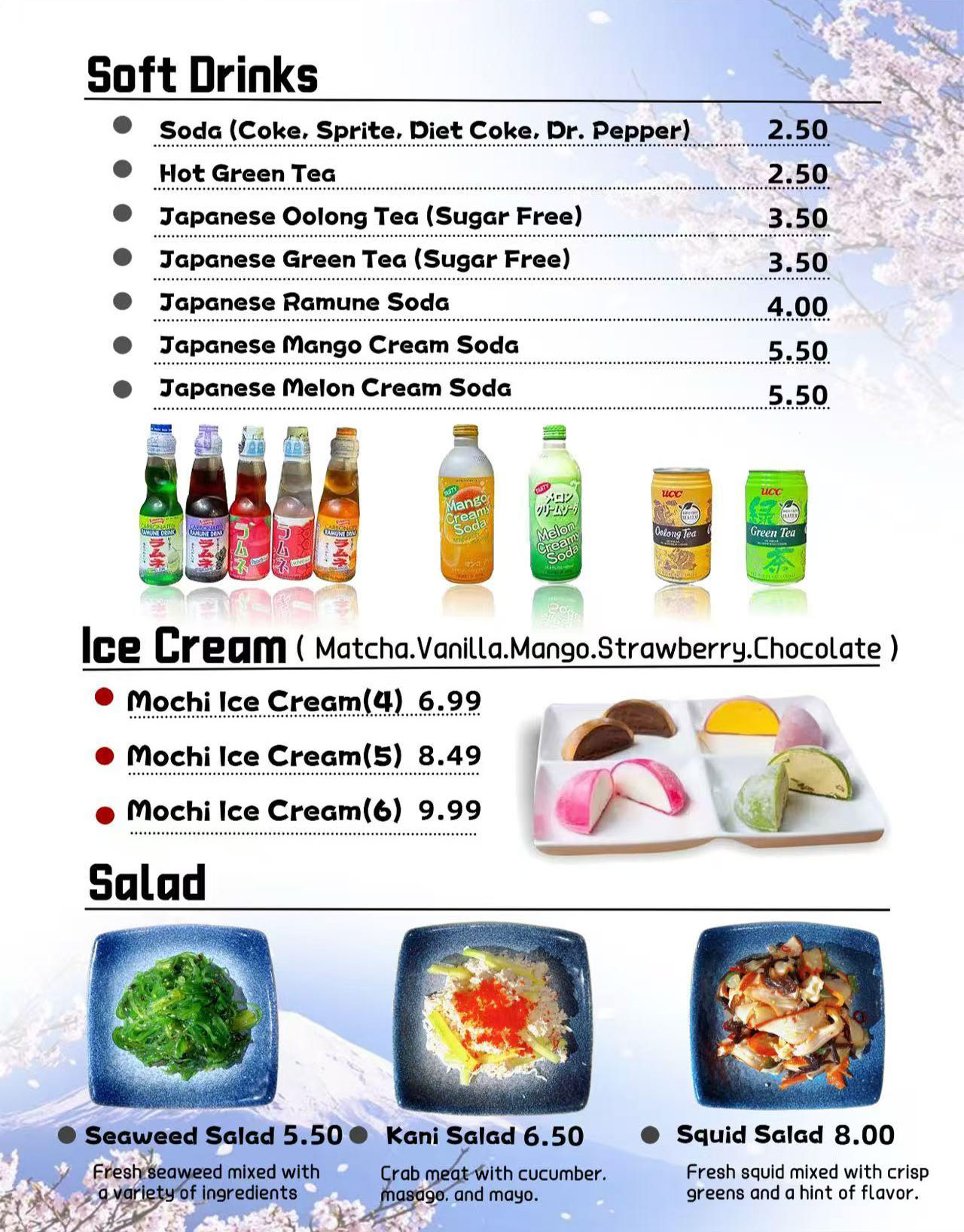 Azusa Ramen menu page with soft drinks, ice cream, and salads at Azusa Ramen, a Ramen restaurant in Tempe