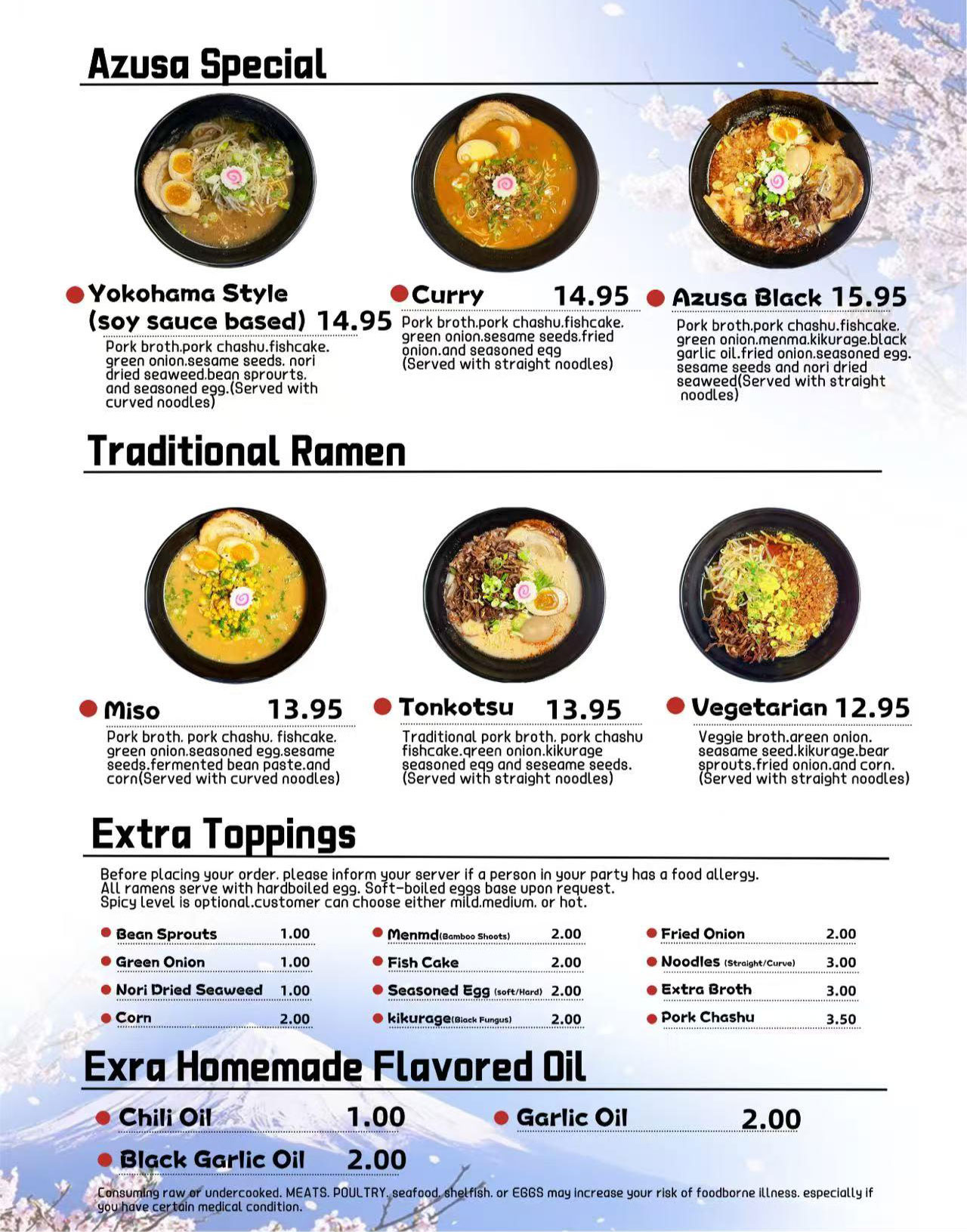 Azusa Ramen menu page with ramen bowls and toppings at Azusa Ramen, a Ramen restaurant in Tempe