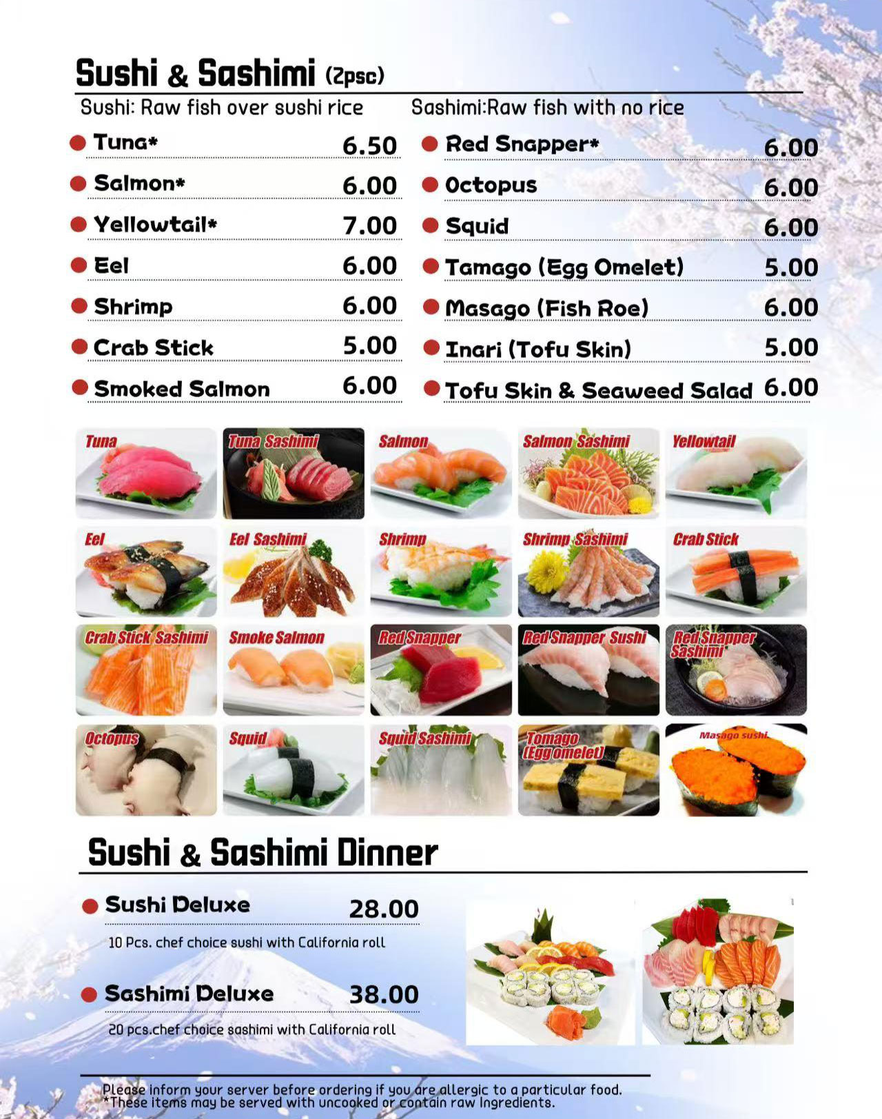 Azusa Ramen menu page with sushi, sashimi, and dinner combos at Azusa Ramen, a Ramen restaurant in Tempe