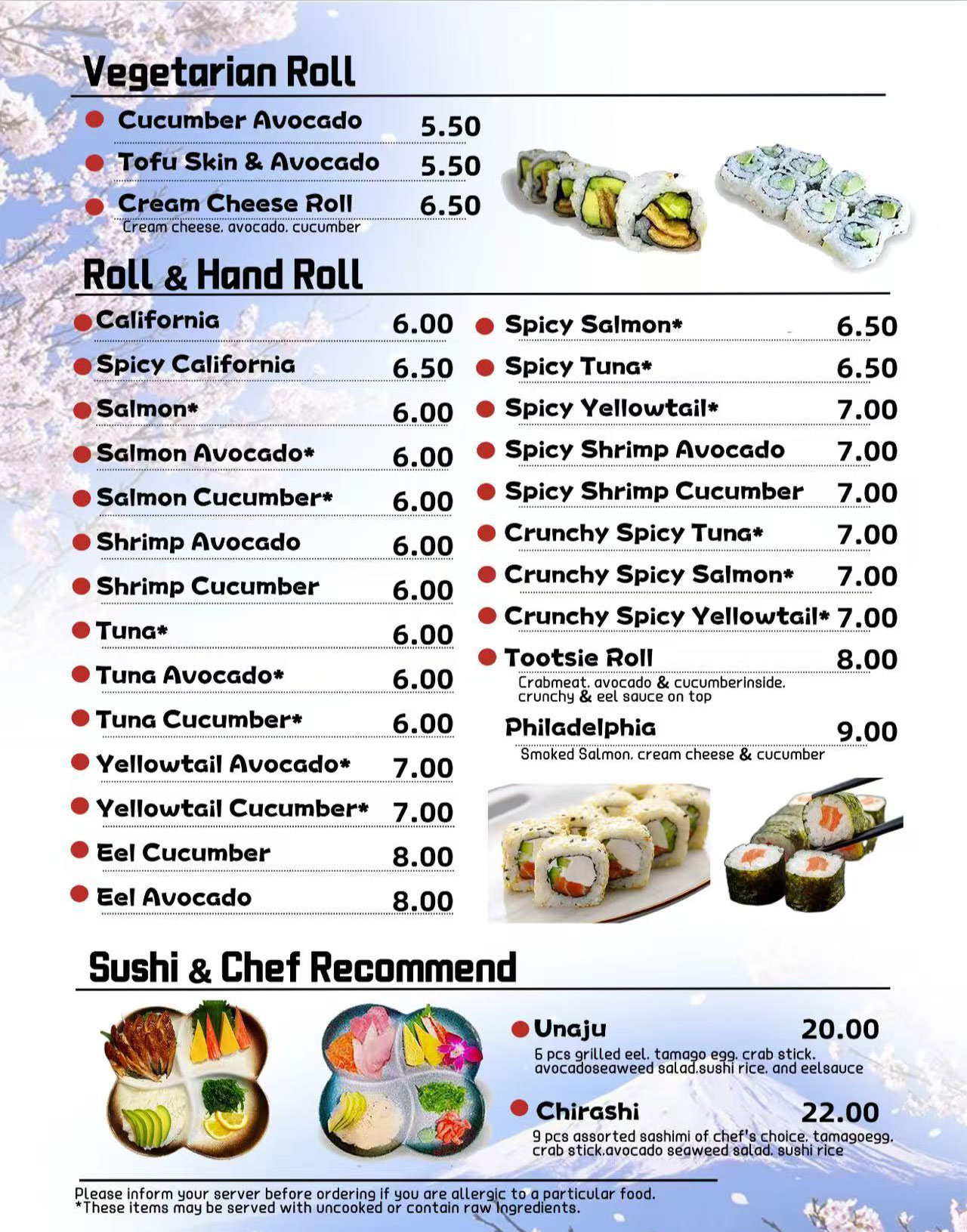 Azusa Ramen menu page with vegetarian rolls and specialty rolls at Azusa Ramen, a Ramen restaurant in Tempe
