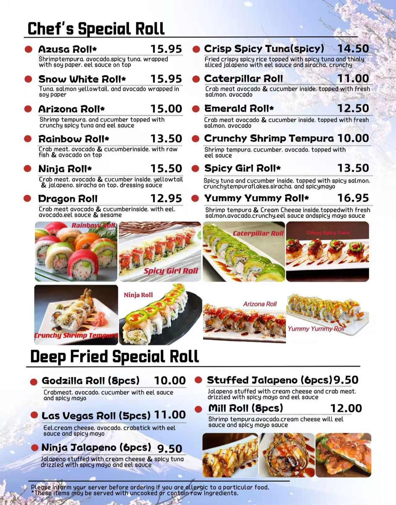 Azusa Ramen menu page with chef's special rolls and deep-fried rolls at Azusa Ramen, a Ramen restaurant in Tempe