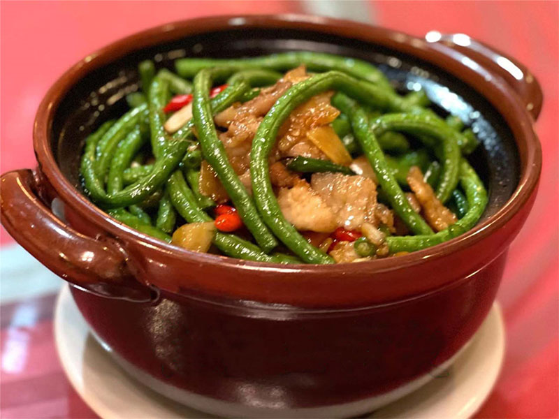 Long beans & pork belly in a savory clay pot at Bamboo, a Chinese Restaurant in Norristown
