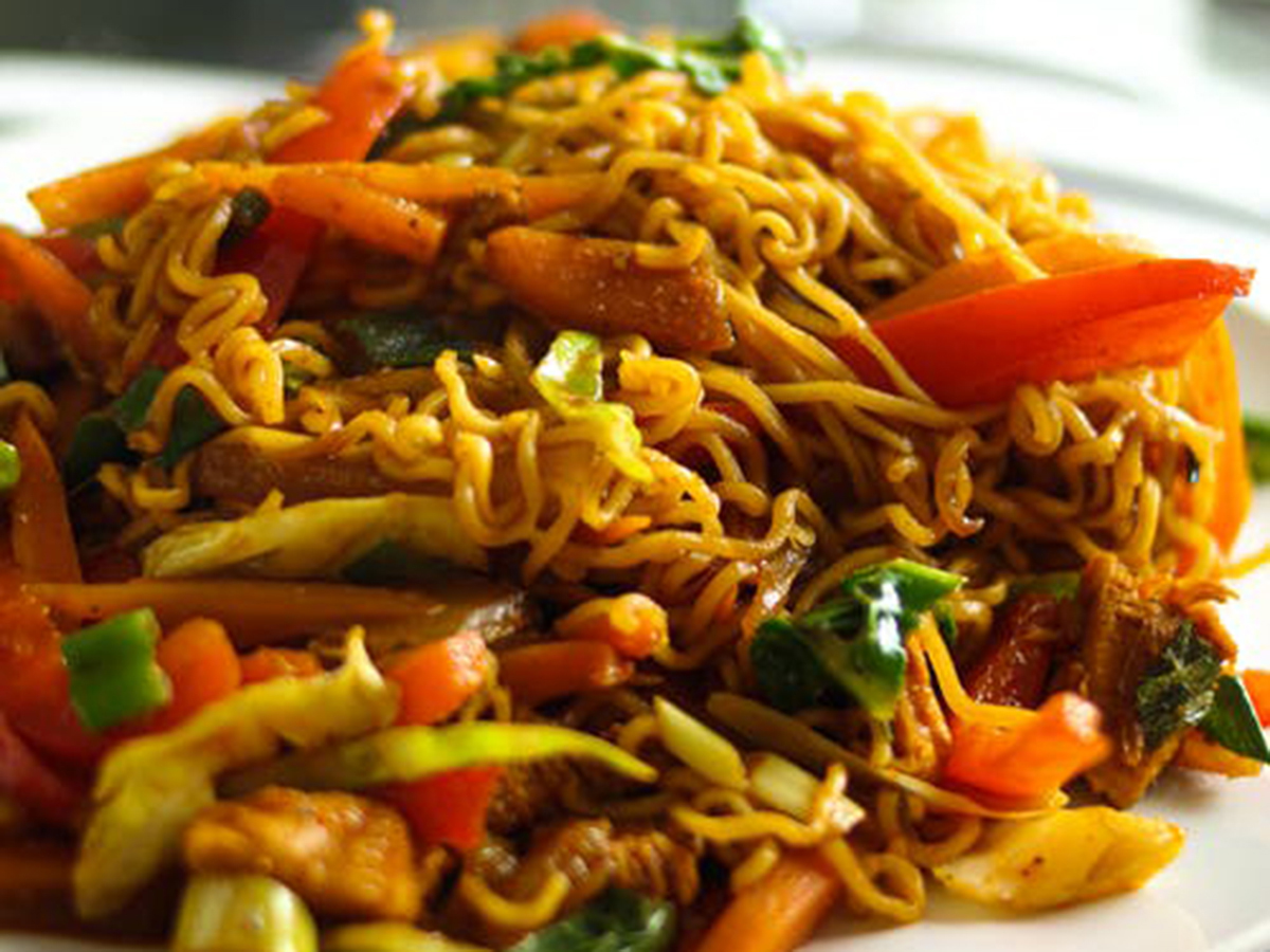 Stir-fried chow mein noodles with assorted fresh colorful vegetables at Kim's Chinese Food, a Chinese Restaurant in Hampton