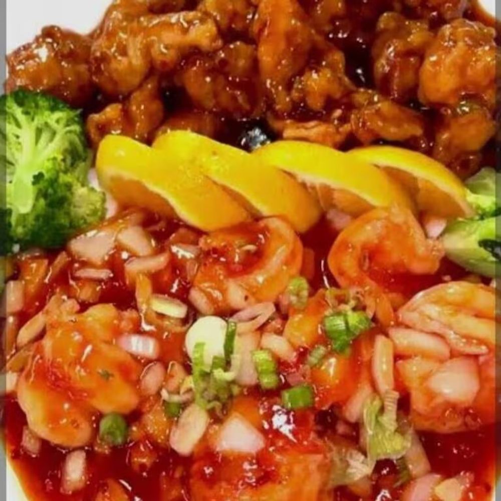 Dragon & Phoenix stir fry with chicken, shrimp, broccoli and lemon slices at Bamboo Moon Chinese&Japanese Bubble Tea, an Asian Fusion Restaurant in Randolph