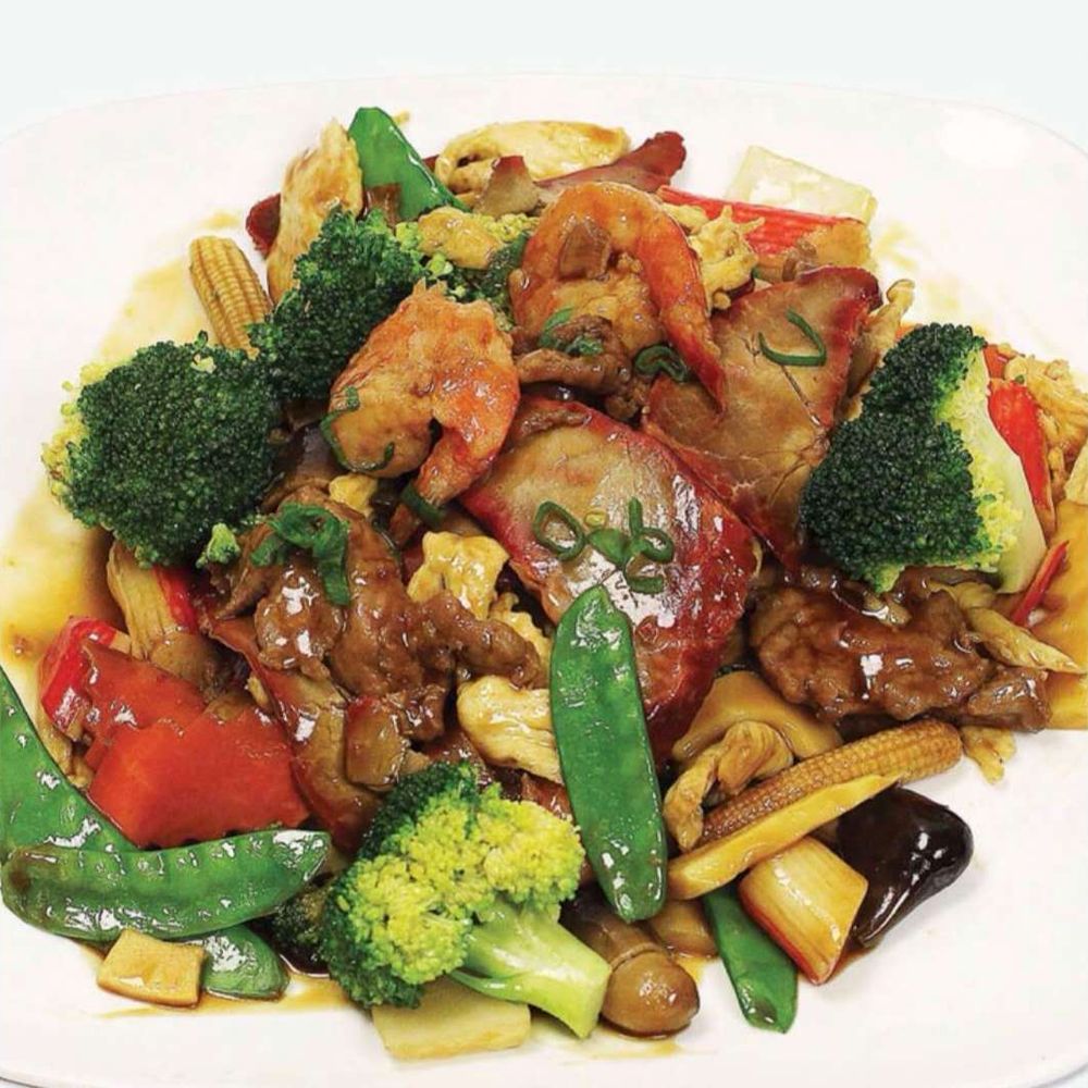 Happy Family stir fry with beef, shrimp and mixed colorful vegetables at Bamboo Moon Chinese&Japanese Bubble Tea, an Asian Fusion Restaurant in Randolph