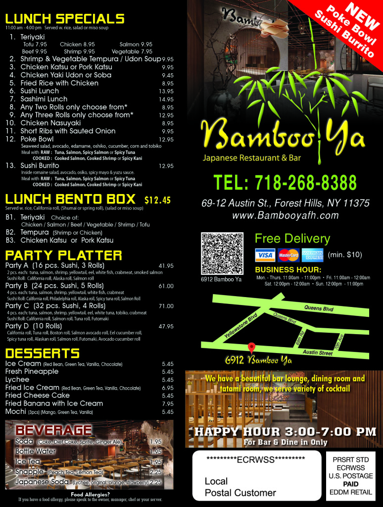 Take Out Menu BamBoo Ya Japanese Restaurant &Bar