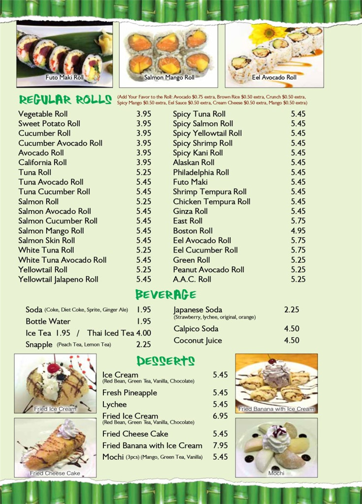 Dine In Menu BamBoo Ya Japanese Restaurant &Bar