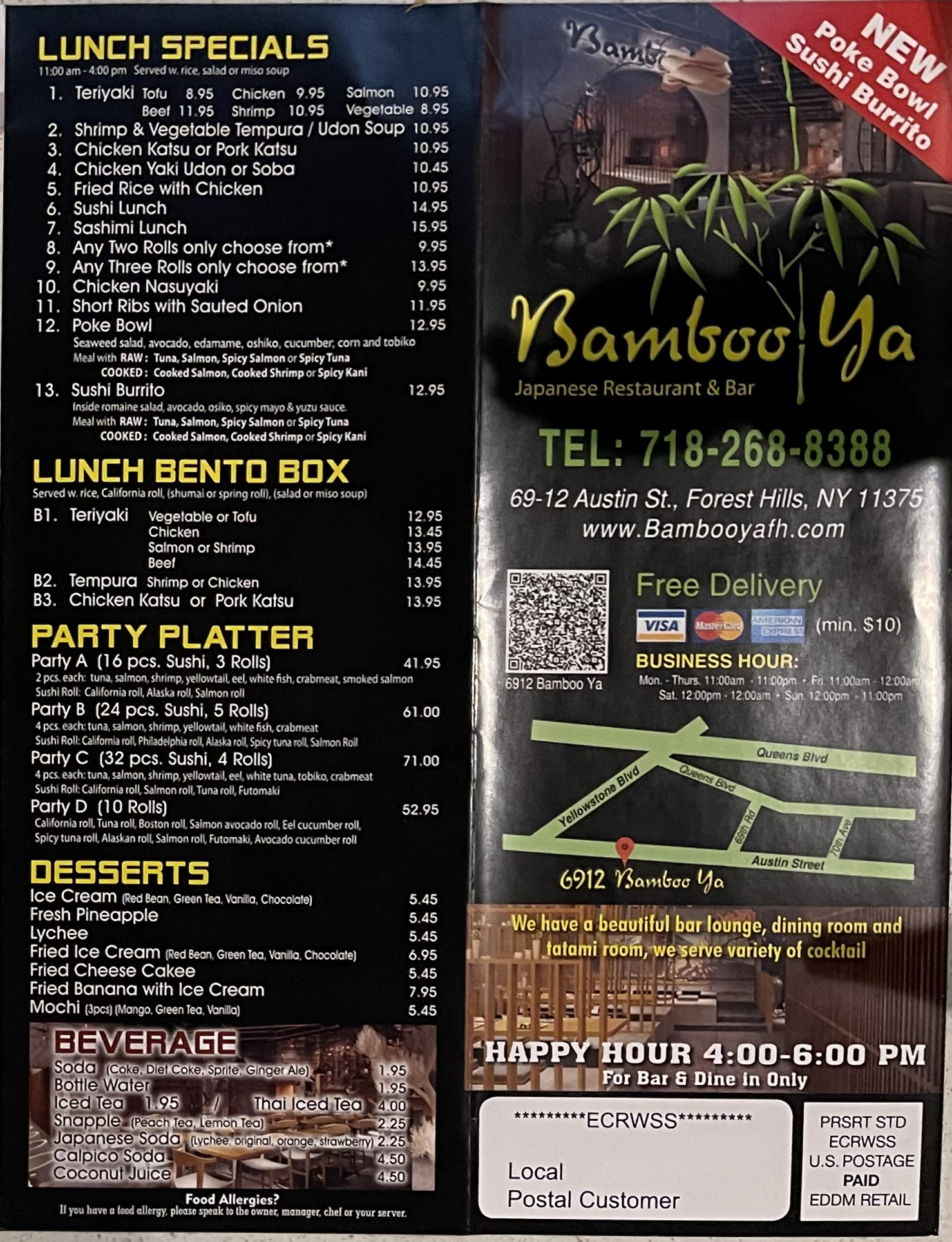 Take Out Menu BamBoo Ya Japanese Restaurant &Bar