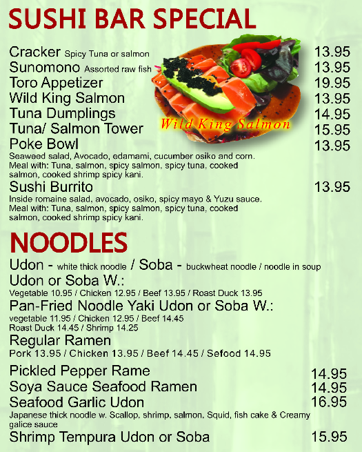 Take Out Menu BamBoo Ya Japanese Restaurant &Bar