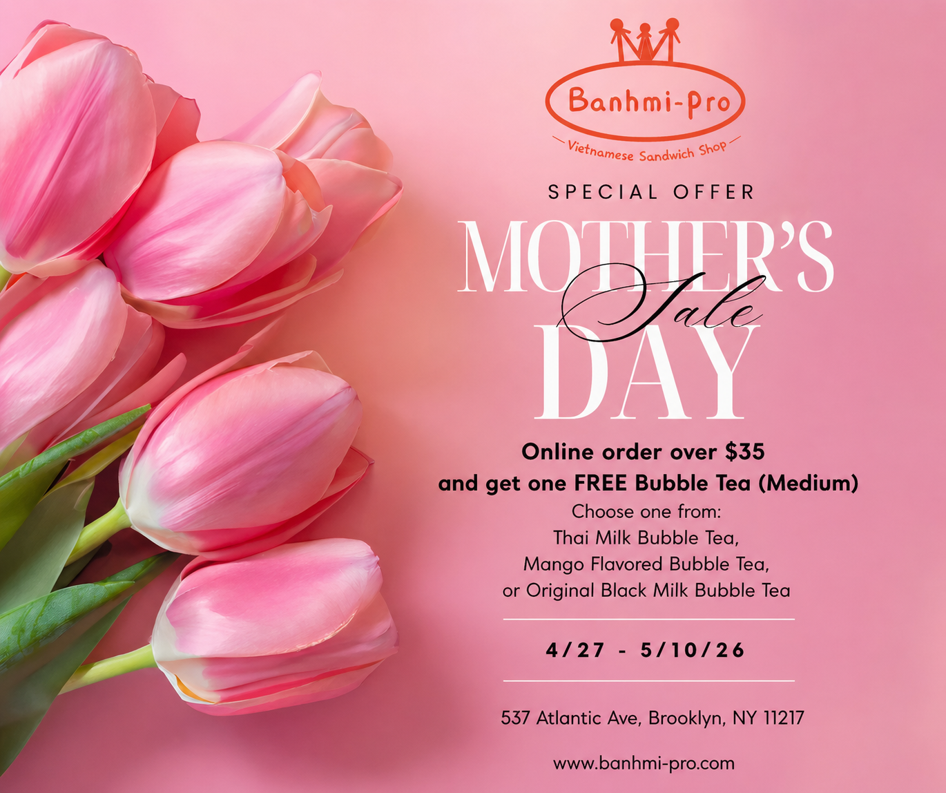 FREE Medium Milk Tea with online orders over $35， 4/27 - 5/10/26