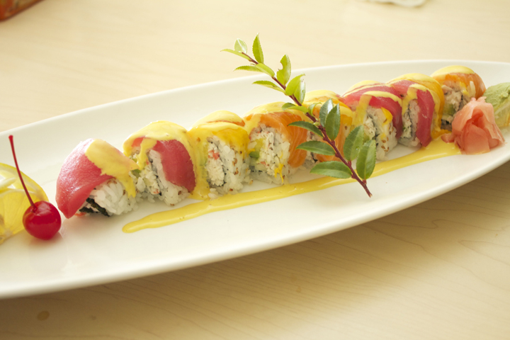 Rainbow Roll with Yellow Sauce at Banya, Japanese Restaurant in Beaverton