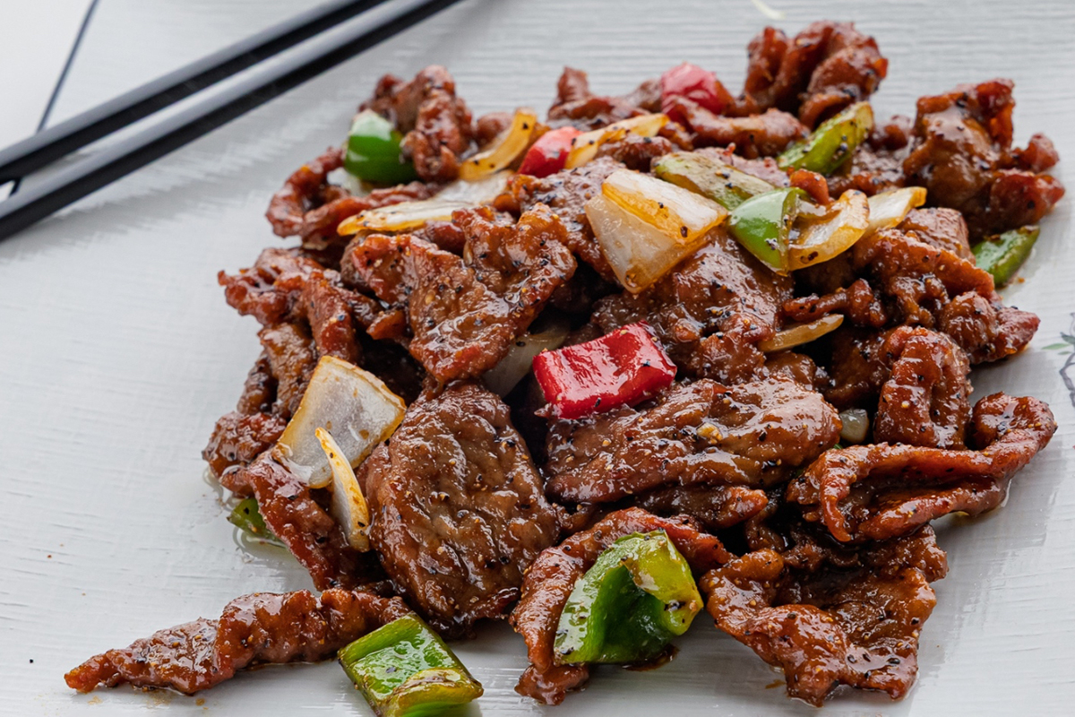 Stir-fried black pepper beef with bell peppers and onions at Baobao Asian Eatery, an Asian Restaurant in Ann Arbor