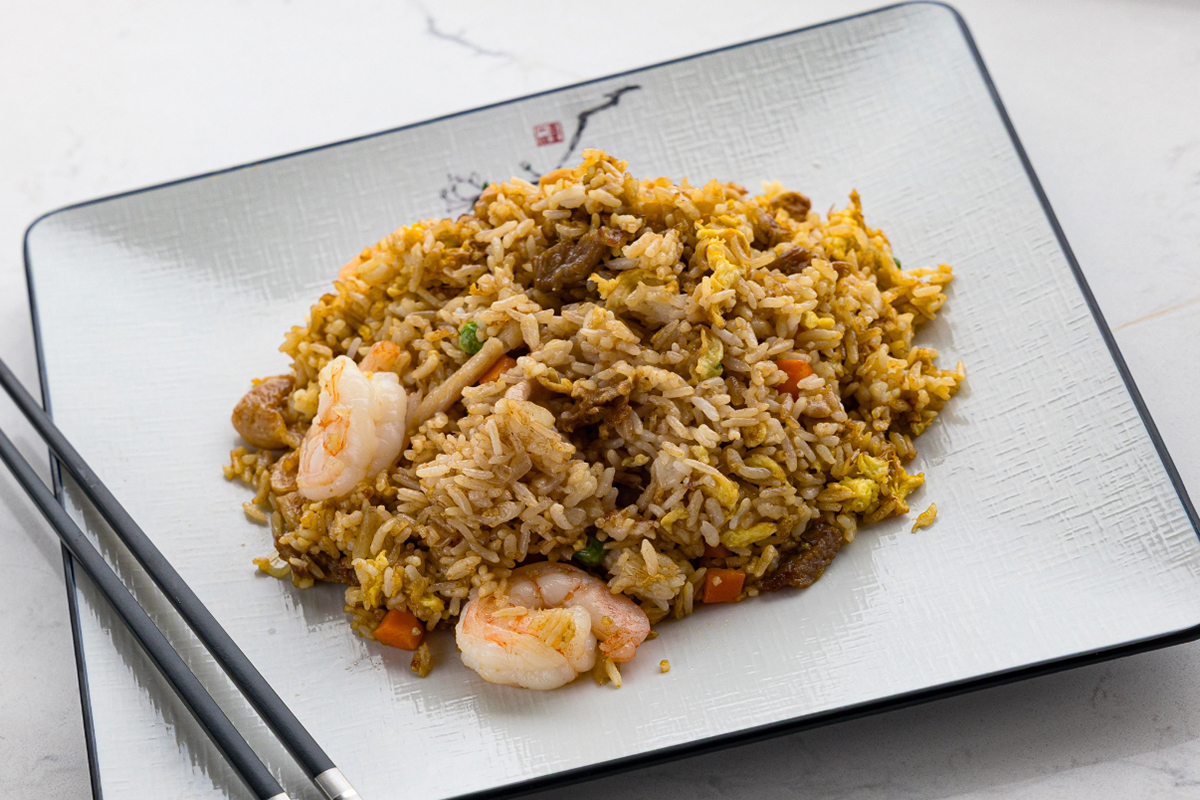 Shrimp and vegetable combo fried rice on plate at Baobao Asian Eatery, an Asian Restaurant in Ann Arbor