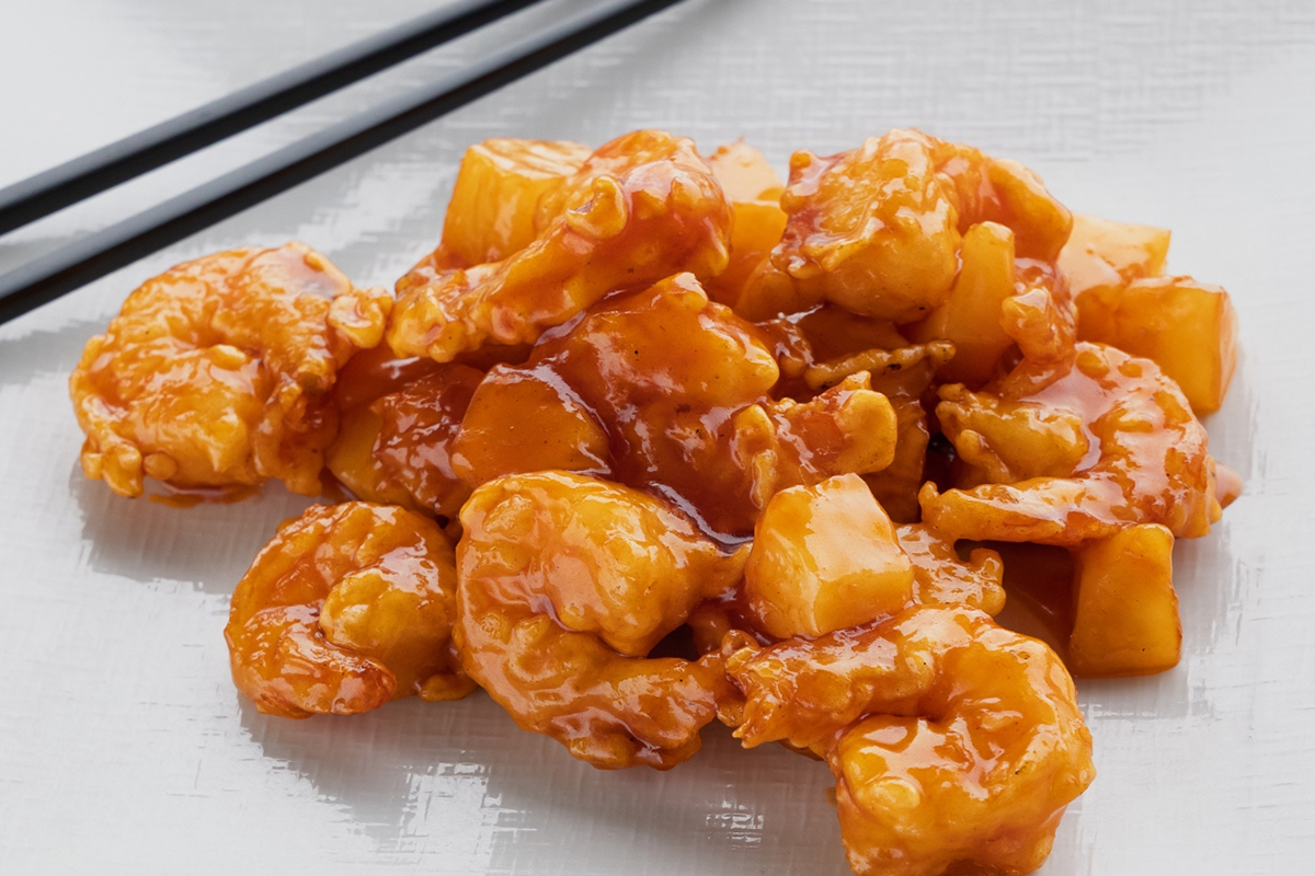 Sweet and sour shrimp with pineapple chunks on plate at Baobao Asian Eatery, an Asian Restaurant in Ann Arbor