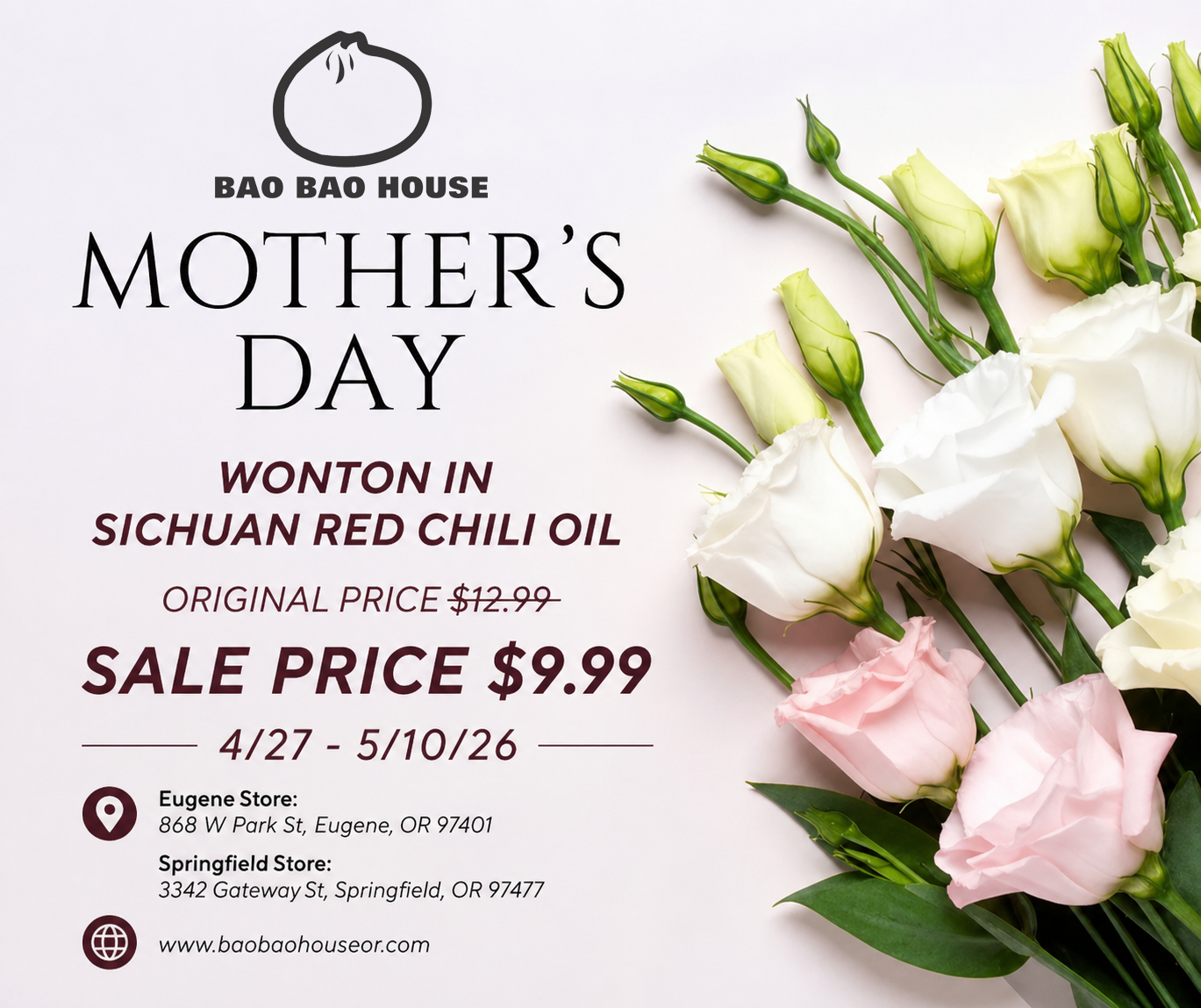Wonton in Sichuan Red Chili Oil
Original Price: $12.99
Sale Price: $9.99
Promotion Dates: 4/27 - 5/10/26
