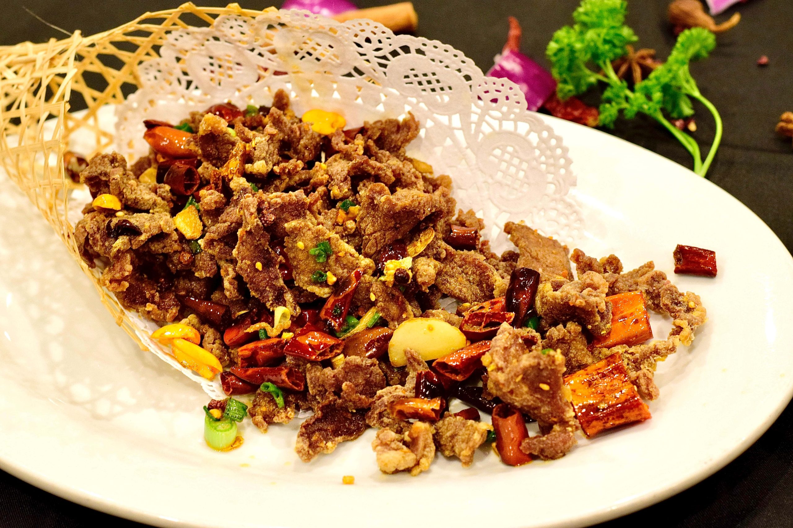 Crispy spicy beef stir-fried with dried chilies and garlic at Bao House, a Chinese Restaurant in Stillwater