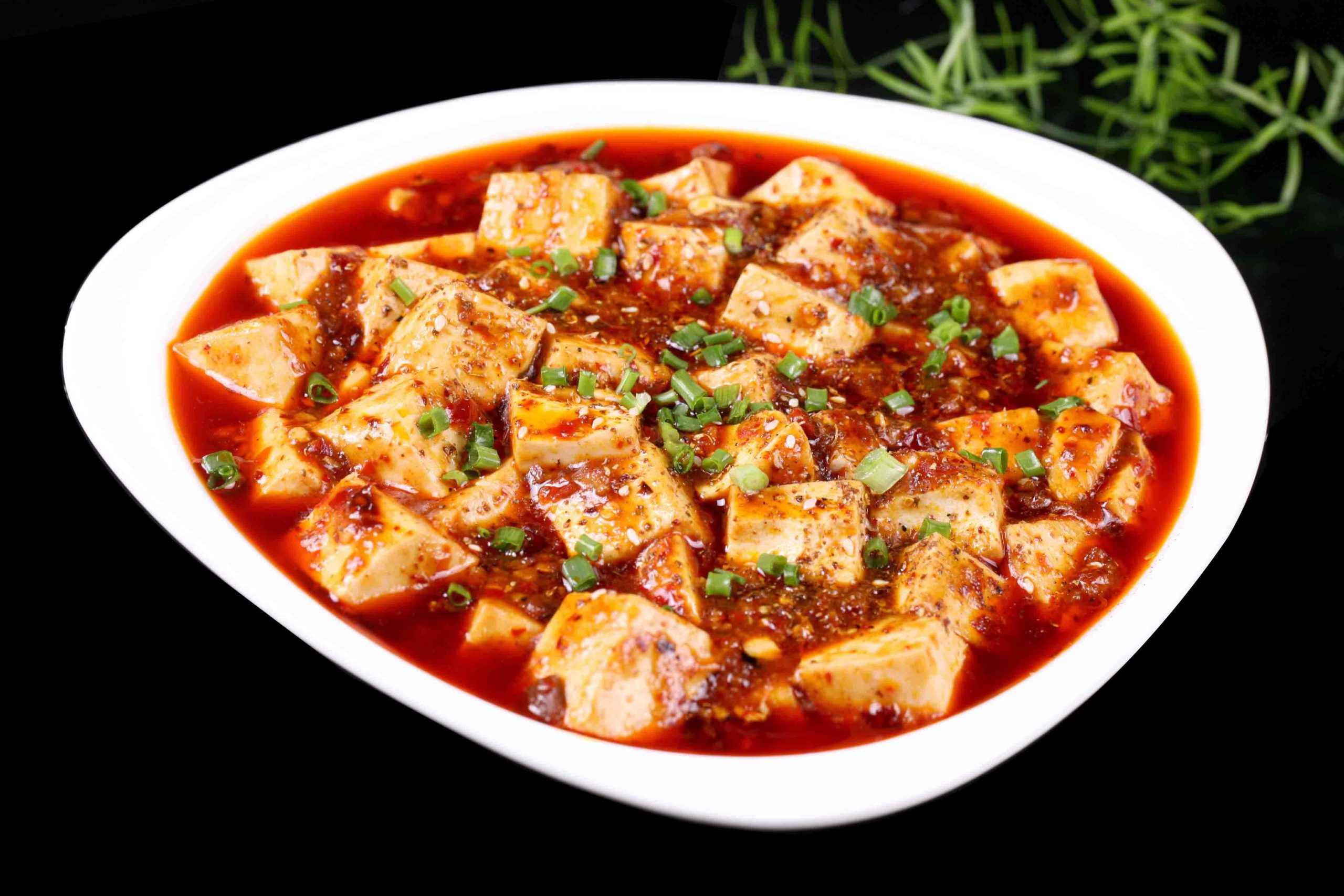 Spicy Mapo tofu in chili oil with green onions at Bao House, a Chinese Restaurant in Stillwater
