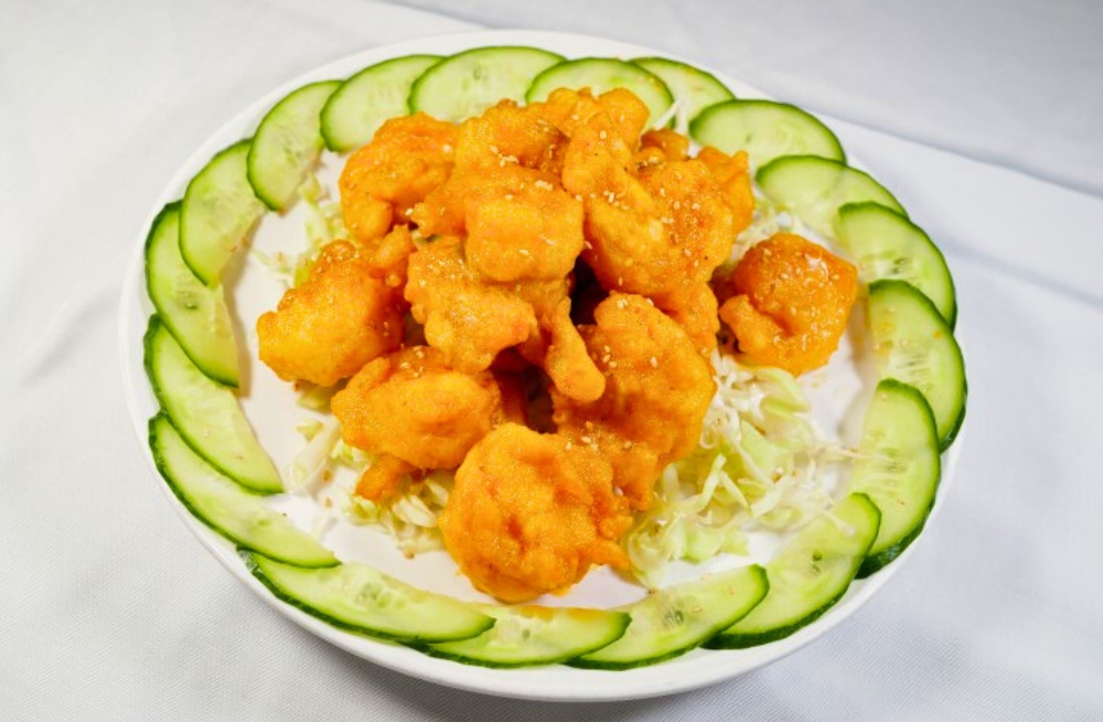 Golden crispy shrimp served with cucumber slices, sweet and crunchy at Bao Kee Restaurant, a Chinese Restaurant in Hacienda Heights