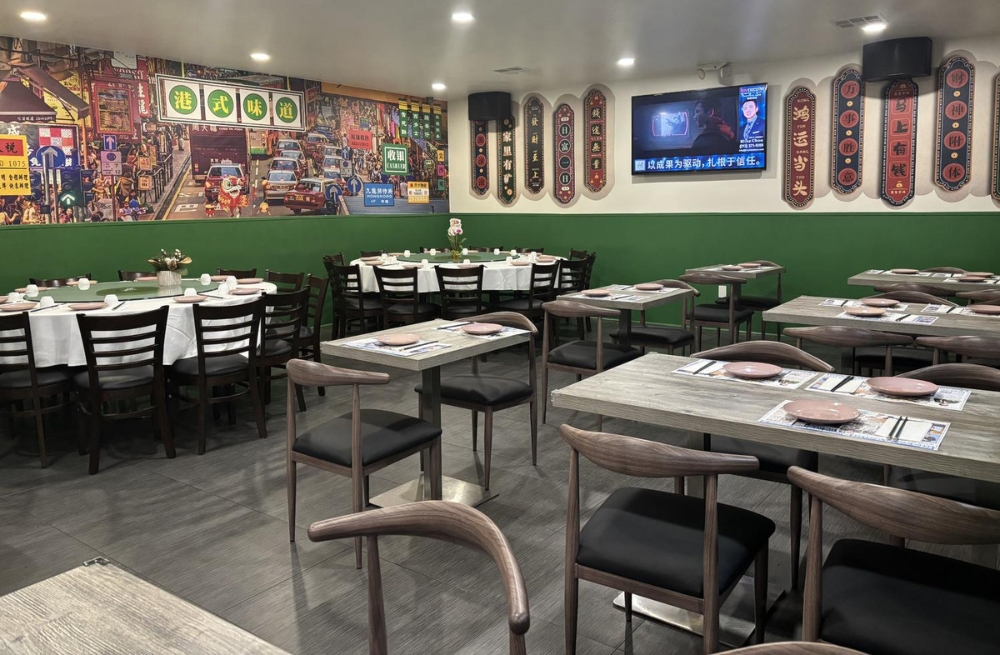 Spacious dining area with Hong Kong-style mural, various tables and chairs for dining at Bao Kee Restaurant, a Chinese Restaurant in Hacienda Heights