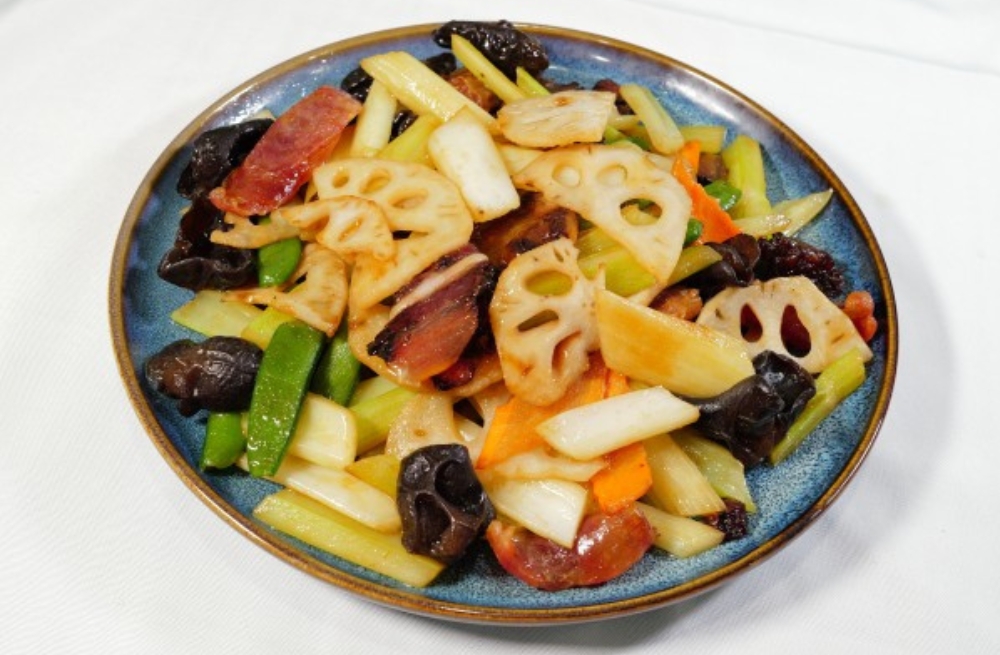 Lotus root stir-fried with waxed meat and vegetables, flavorful and tender at Bao Kee Restaurant, a Chinese Restaurant in Hacienda Heights