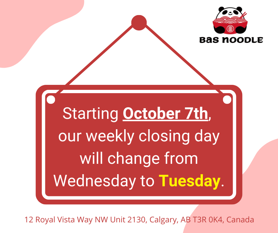 Starting October 7th, our weekly closing day will change from Wednesday to Tuesday.
