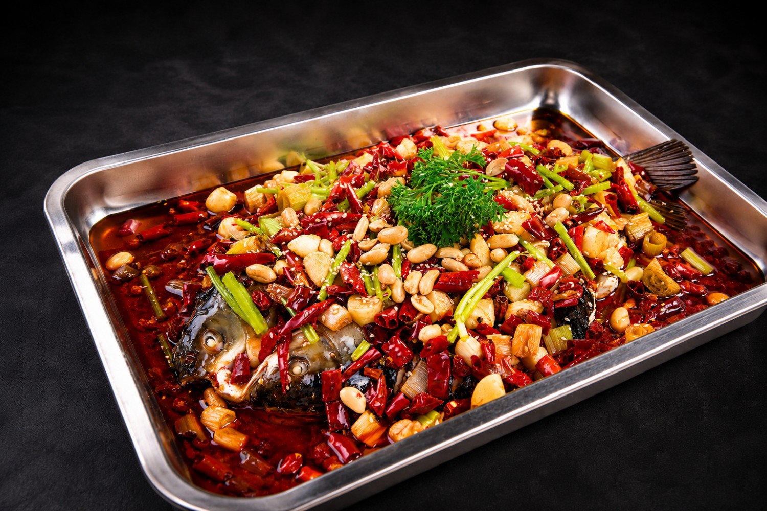 Spicy grilled fish with peanuts and chili at Beijing Tasty House, a Chinese Restaurant in San Gabriel
