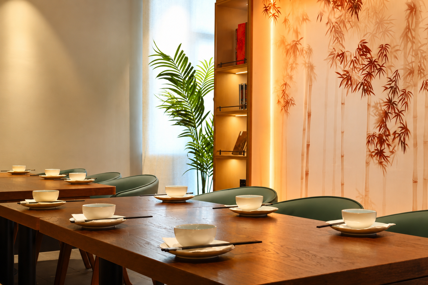 Long wooden dining table with green chairs beside a softly illuminated bamboo mural and indoor plant