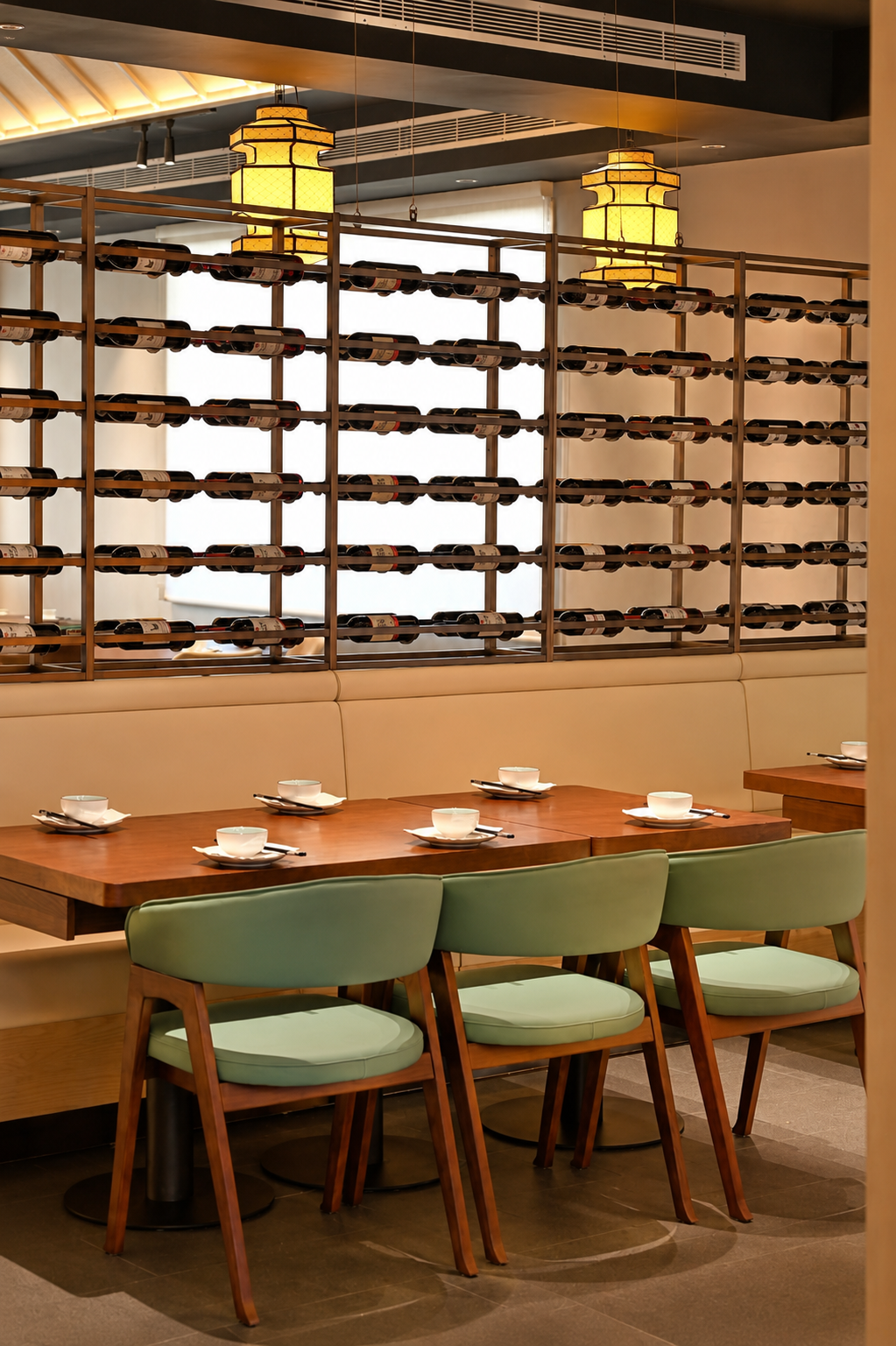 Stylish restaurant dining area with wooden tables, green chairs, lantern lights, and a large wine rack