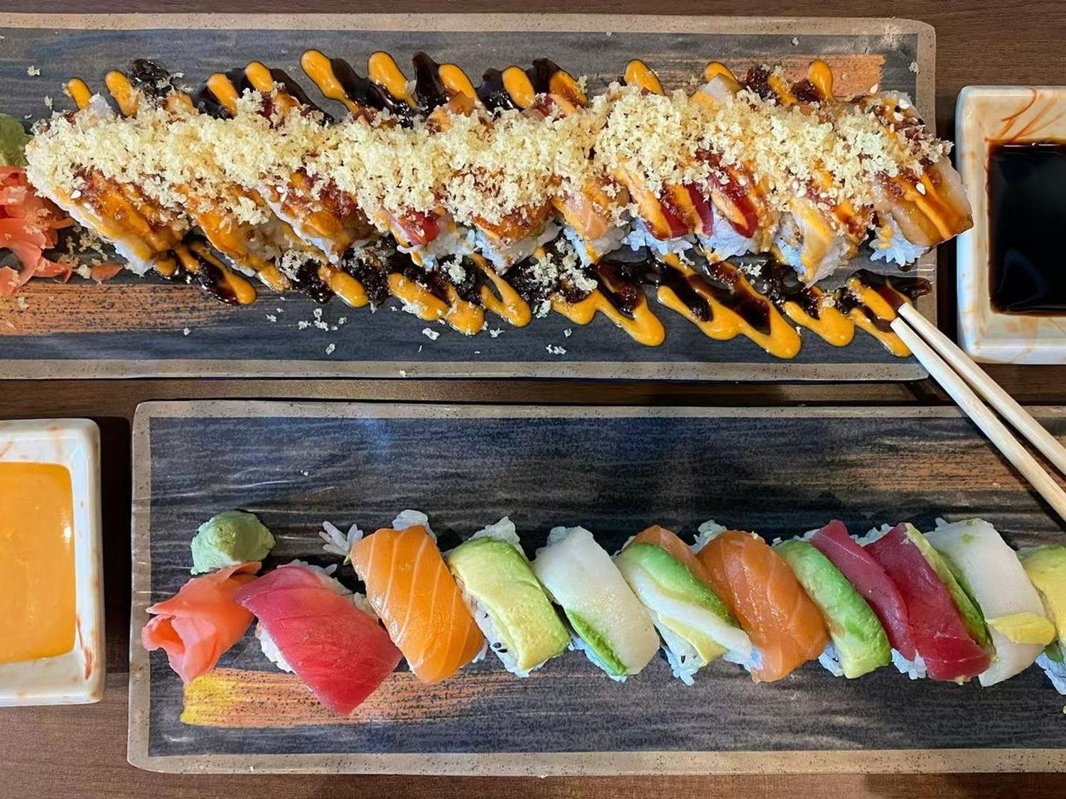 Rainbow Roll and Crunchy Special Roll at Bento Teppanyaki, Asian Restaurant in Austin