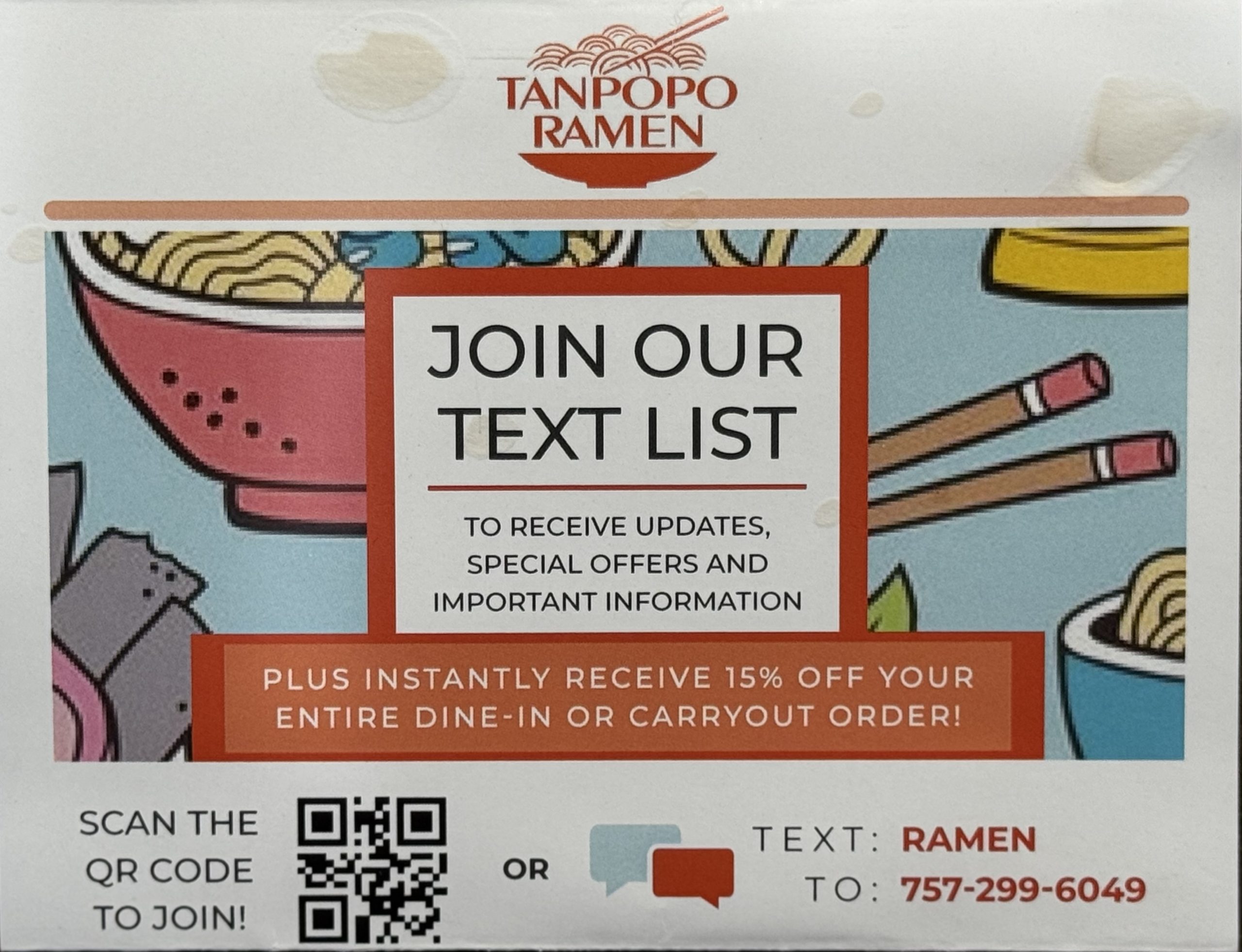 Popup for Tanpopo Ramen, inviting to join text list for updates/offers, 15% off, with ramen illustrations, QR code, and text instructions.