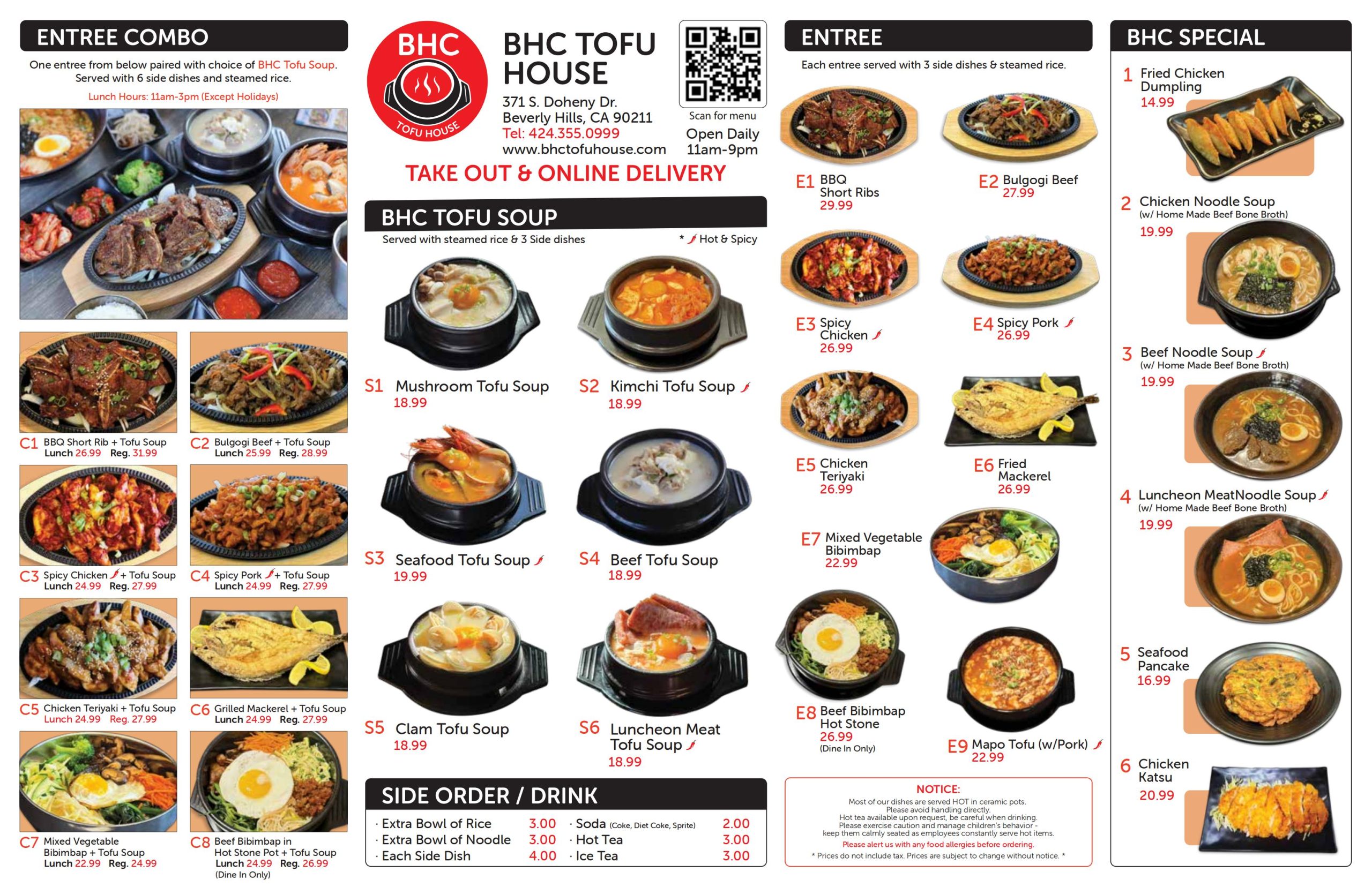 BHC Tofu House Korean Restaurant Menu