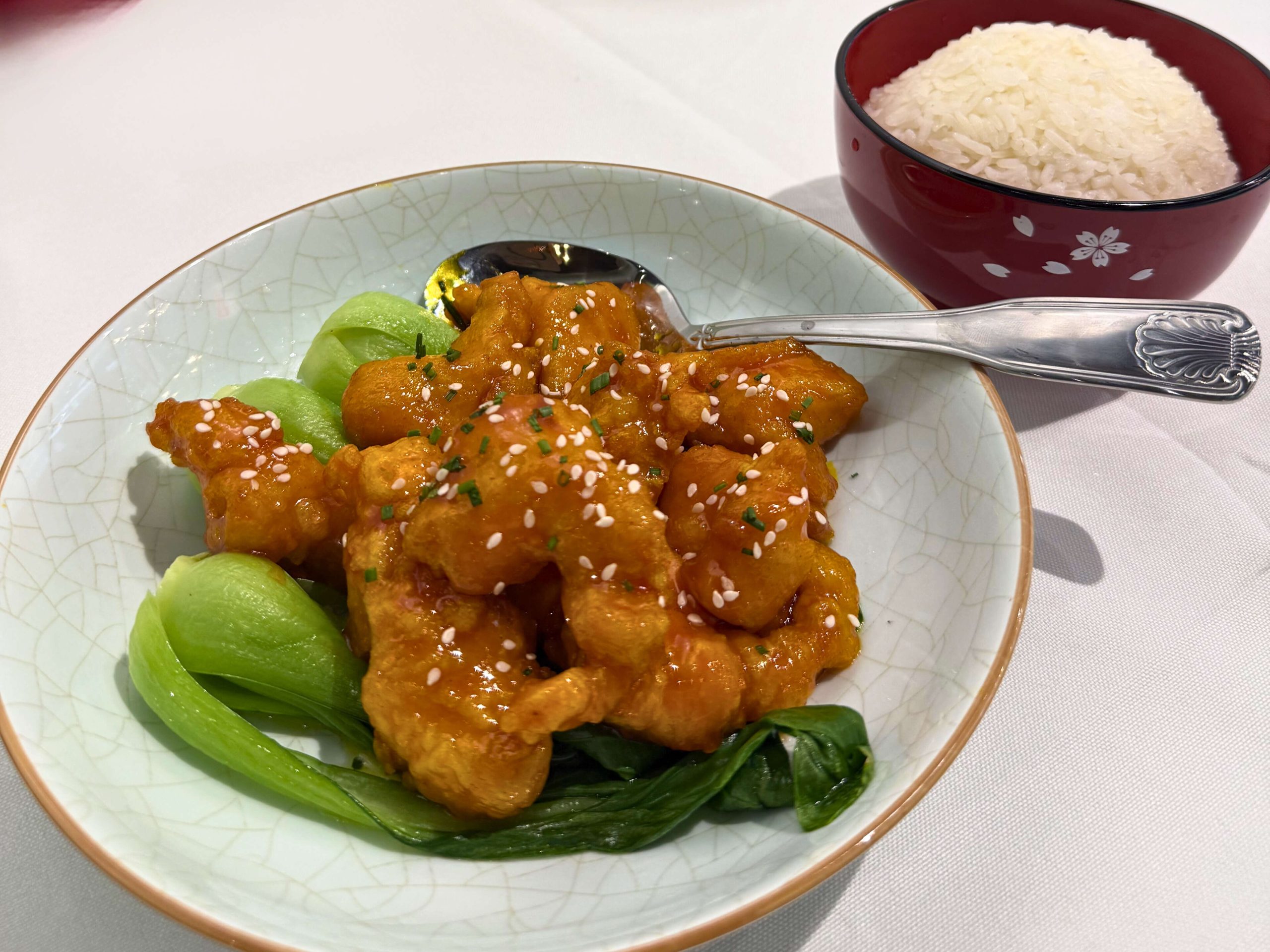 Big-8-Chinese-Restaurant-Sesame-Chicken-Lincoln Crispy sesame chicken with bok choy at Big 8, a Chinese Restaurant in Lincoln