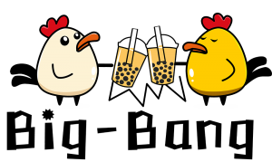 Cartoon chicken characters with bubble tea representing Big Bang Boba & Chicken Cartoon chicken characters with bubble tea representing Big Bang Boba & Chicken