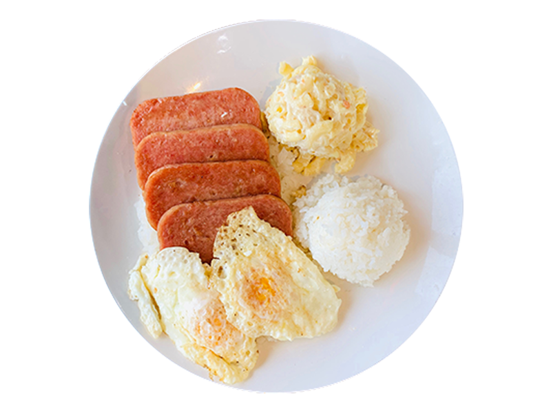 Hearty spam slices with fried eggs, rice and mac salad at Big Island BBQ a Asian Restaurant in Norco