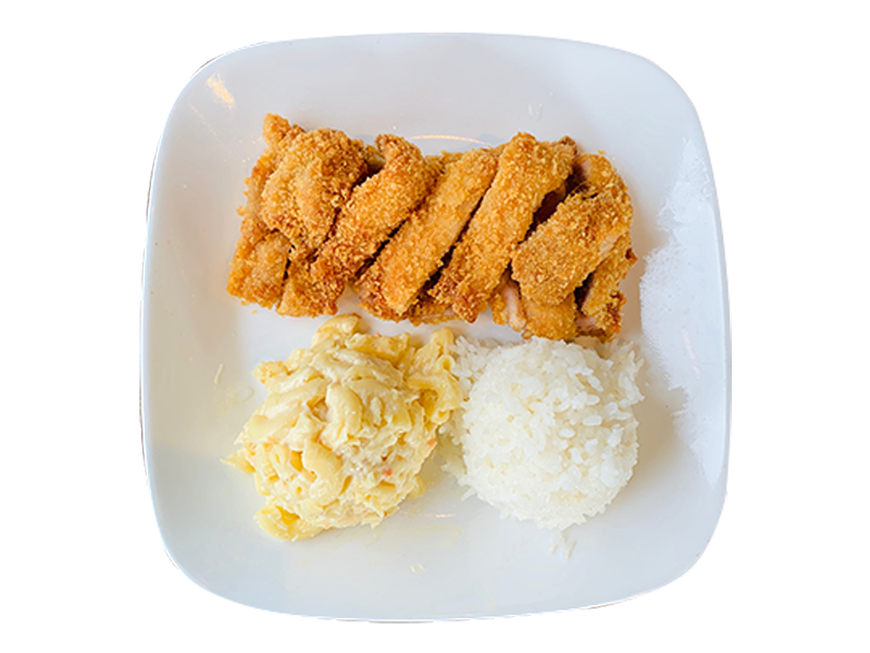 Crispy breaded pork cutlet with rice and mac salad at Big Island BBQ a Asian Restaurant in Norco