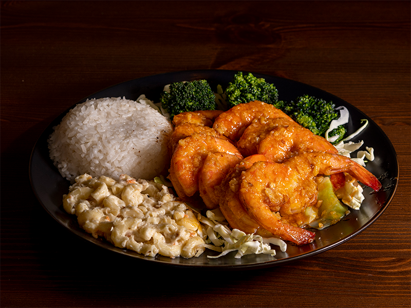 Savory garlic butter shrimp with rice and broccoli at Big Island BBQ a Asian Restaurant in Norco