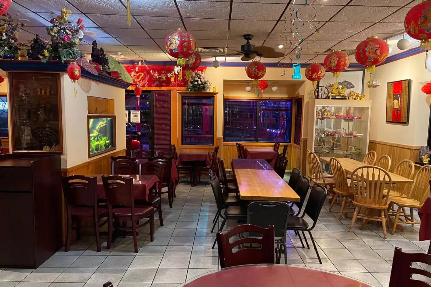 Bright dining space with hanging festive red lanterns at Beijing Restaurant，a Chinese Restaurant in San Antonio