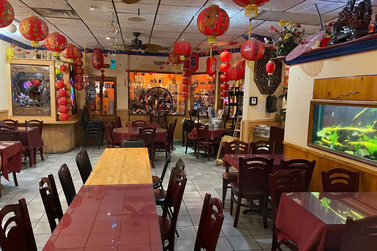 Full‑angle shot of festive decorated restaurant dining hall at Beijing Restaurant，a Chinese Restaurant in San Antonio
